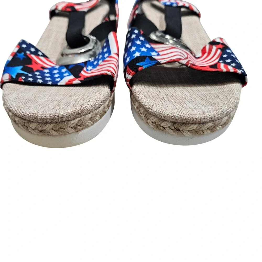 Hola Camel Wedge Sandals Womens 40 Red White Blue American Flag Patriotic Stars